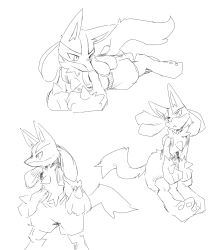 Rule 34 | 1boy, animal ears, animal feet, animal hands, closed mouth, creatures (company), full body, furry, furry male, game freak, gen 4 pokemon, greyscale, hands on own knees, highres, looking to the side, lucario, lying, male focus, monochrome, multiple views, nintendo, on stomach, pawpads, pokemon, pokemon (creature), profile, simple background, sitting, sketch, snout, spikes, standing, sukasshu (mroooo), tail, white background, wolf boy, wolf ears, wolf tail