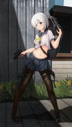 Rule 34 | 10s, 1girl, absurdres, alternate hairstyle, black pantyhose, blue eyes, cannon, contrapposto, covered erect nipples, crop top, eyes visible through hair, flower, full body, gun, hair ornament, hairclip, hamakaze (kancolle), highres, kantai collection, legs apart, looking at viewer, midriff, navel, no bra, pantyhose, pigeon-toed, rodriguez (kamwing), school uniform, see-through, shoes, short hair, skirt, slippers, solo, spread legs, standing, swept bangs, thigh strap, torpedo, trigger discipline, weapon, wooden floor