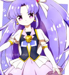 Rule 34 | 10s, 1girl, arm warmers, bebe 0620, brooch, character name, cure fortune, earrings, expressionless, happinesscharge precure!, heart, heart brooch, hikawa iona, jewelry, long hair, magical girl, necktie, precure, purple background, purple eyes, purple hair, purple skirt, purple theme, skirt, solo, very long hair
