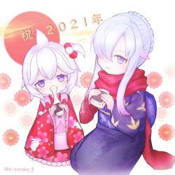 Rule 34 | 2021, 2girls, ahoge, animal print, azur lane, blue eyes, braid, braided bun, cherry blossom print, commentary request, crown braid, eating, floral background, floral print, food, food in mouth, frilled kimono, frills, full body, hair between eyes, hair bobbles, hair bun, hair ornament, hair over one eye, holding, japanese clothes, kimono, looking at viewer, mochi, multicolored hair, multiple girls, obi, odin (azur lane), odin (black strokes upon blank snow) (azur lane), official alternate costume, one side up, parted lips, purple eyes, purple kimono, purple sash, rabbit print, red hair, red kimono, red scarf, sash, scarf, seiza, shark print, short hair, sidelocks, sitting, streaked hair, taka-8g, translation request, twitter username, u-110 (azur lane), u-110 (new year small shark) (azur lane), white background, white hair, wide sleeves