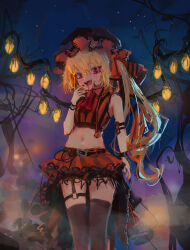 Rule 34 | 1girl, :d, absurdres, alternate costume, alternate headwear color, arm at side, arm strap, black hat, black thighhighs, blonde hair, blood, blood on face, fangs, feet out of frame, fingernails, flandre scarlet, halloween, halloween costume, hand up, hat, high-low skirt, highres, long hair, midriff, mob cap, nail polish, navel, night, o-ring, o-ring thigh strap, one side up, open mouth, red eyes, red nails, reddizen, sketch, smile, solo, thigh strap, thighhighs, touhou, wings