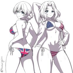 Rule 34 | 2girls, american flag bikini, arm behind head, ass, bikini, blue eyes, braid, breasts, commentary, darjeeling (girls und panzer), english commentary, flag print, girls und panzer, hair intakes, hand on own hip, highres, jacket, kay (girls und panzer), kotorigaka, large breasts, looking at viewer, looking back, model pose, multiple girls, navel, open clothes, open jacket, seductive smile, sideboob, simple background, smile, stomach, swimsuit, twitter username, underboob, union jack bikini, white background