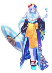 Rule 34 | 1girl, bare shoulders, blue flower, blue rose, blue skin, bow, breasts, cleavage, colored skin, dahlia (xenoblade), flower, geta, hair bow, hair flower, hair ornament, highres, holding, holding flower, japanese clothes, kimono, large breasts, nintendo, off shoulder, oil-paper umbrella, rose, snowflakes, solo, sou (pale 1080), umbrella, xenoblade chronicles (series), xenoblade chronicles 2