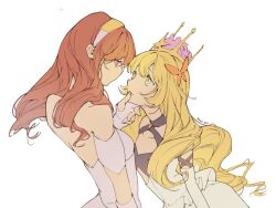 Rule 34 | 2girls, bare shoulders, blonde hair, butterfly hair ornament, celica (fire emblem), celine (fire emblem), crown, dress, finger to another&#039;s mouth, fingerless gloves, fire emblem, fire emblem echoes: shadows of valentia, fire emblem engage, gloves, green eyes, hair ornament, hairband, long hair, looking at another, multiple girls, nintendo, orange hair, pink eyes, ramblingrhubarb, very long hair, white background, white gloves, yuri