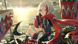 Rule 34 | 1girl, admiral graf spee (azur lane), azur lane, black dress, black footwear, black socks, blue eyes, blunt bangs, blush, boots, breasts, closed mouth, cloud, commentary request, dress, fins, fish tail, gotyou, grey sky, kneehighs, lens flare, loading screen, long sleeves, looking at viewer, mechanical gloves, mechanical hands, multicolored hair, ocean, official art, outdoors, red hair, red scarf, rigging, scarf, shark tail, short hair, sidelocks, silver hair, sitting, sky, small breasts, socks, solo, streaked hair, sunrise, sunset, tail, wind