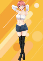 Rule 34 | 1girl, absurdres, armpits, arms behind head, bare shoulders, black footwear, blue eyes, blush, boots, breasts, cleavage, collarbone, denim, denim shorts, frilled sleeves, frilled tube top, frills, full body, go-toubun no hanayome, highres, large breasts, looking at viewer, nakano ichika, navel, pink hair, ritsumama 2013, short hair, shorts, solo, standing, strapless, thigh boots, thighs, tube top, white sleeves, white tube top