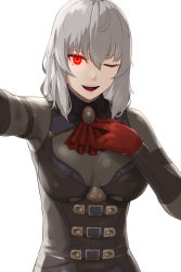 Rule 34 | 1girl, ascot, bodysuit, breasts, brooch, eden grenze, gloves, glowing, glowing eye, grey bodysuit, grey hair, jewelry, kageshio (276006), large breasts, long sleeves, looking at viewer, medium hair, one eye closed, open mouth, outstretched arm, red ascot, red eyes, red gloves, silver (eden), smile, solo