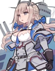 Rule 34 | 1girl, between breasts, black gloves, blue bow, blue eyes, blue necktie, bow, breasts, cannon, capelet, commentary request, cowboy shot, detached collar, dress, gloves, grey capelet, grey dress, hair bow, headgear, kantai collection, large breasts, long hair, machinery, maryland (kancolle), multicolored capelet, necktie, necktie between breasts, radio antenna, simple background, solo, strapless, strapless dress, terrajin, turret, white background