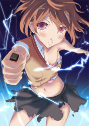 Rule 34 | 1girl, action, aiming, aiming at viewer, attack, bad id, bad pixiv id, blush, brown eyes, brown hair, chocolate, electricity, electrokinesis, psychic, fantasy, feet out of frame, frog, gekota, gift, glowing, hair ornament, hairclip, holding, holding gift, incoming attack, incoming gift, light blush, midriff, misaka mikoto, navel, outstretched arms, psychic, railgun, school uniform, science fiction, solo, stomach, thighs, toaru kagaku no railgun, toaru majutsu no index, tokiwadai school uniform, torn clothes, yukitarou