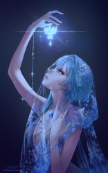 Rule 34 | 1girl, blue eyes, blue hair, blue theme, bracelet, cocktail dress, dark, dress, eula (genshin impact), formal, from side, genshin impact, highres, jewelry, looking up, m alexa, magic, open mouth, short hair, signature, snowflakes, solo, veil, watermark