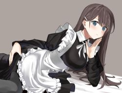 Rule 34 | 1girl, apron, black dress, black pantyhose, blue eyes, blush, breasts, brown hair, collared dress, commentary request, dress, frilled apron, frills, hair between eyes, hair ornament, hairclip, hand up, highres, juliet sleeves, kooan, long hair, long sleeves, looking at viewer, maid, medium breasts, original, pantyhose, parted lips, puffy sleeves, solo, very long hair, white apron