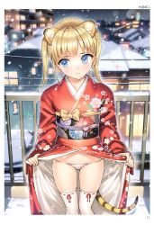 Rule 34 | 1girl, 3:, absurdres, animal ears, arisugawa rina, artist name, blonde hair, blue eyes, closed mouth, clothes lift, flat chest, floral print, foreshortening, gluteal fold, highres, japanese clothes, kimono, kimono lift, looking away, obi, ootomo takuji, outdoors, page number, panties, ribbon-trimmed legwear, ribbon trim, sash, scan, snowing, solo, sparkle, string panties, tail, thighhighs, tiger ears, tiger tail, toranoana, twintails, underwear, white panties, white thighhighs