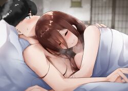 Rule 34 | 1girl, absurdres, aftersex, black hair, blush, breasts, brown eyes, brown hair, closed mouth, go-toubun no hanayome, hair between eyes, hair over eyes, hetero, highres, hug, indoors, large breasts, long hair, lying, lying on person, mame1645, nakano miku, on back, on bed, on stomach, shared blanket, topless, topless male, uesugi fuutarou, under covers