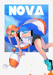 Rule 34 | 1girl, :d, absurdres, aqua footwear, ass, bare arms, bare shoulders, black shorts, blouse, blue sky, bulge, danimaru, day, dolphin shorts, fang, from side, green eyes, highres, holding, holding weapon, ink tank (splatoon), inkling, inkling girl, inkling player character, long hair, looking at viewer, looking to the side, luna blaster (splatoon), nintendo, no socks, open mouth, orange hair, outside border, shirt, shoes, short shorts, shorts, sky, sleeveless, smile, sneakers, solo, splatoon (series), splatoon 2, tank top, tentacle hair, trigger discipline, twintails, two-handed, v-shaped eyebrows, very long hair, weapon, white shirt