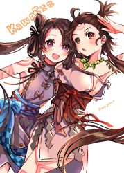 Rule 34 | 2girls, backless dress, backless outfit, bare shoulders, blush, body markings, breasts, brown eyes, brown hair, cleavage, dress, facial mark, fate/grand order, fate (series), forehead, forehead mark, grey dress, highres, himiko (fate), himiko (first ascension) (fate), iyo (fate), jewelry, large breasts, long hair, looking at viewer, magatama, magatama necklace, multiple girls, necklace, open mouth, purple eyes, sash, side slit, sideboob, smile, thighs, topknot, twintails, very long hair, white dress, yui (tamagohan)