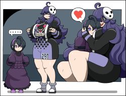 Rule 34 | 1boy, 1girl, @ @, absurdres, ahoge, allister (pokemon), black hair, blush, boots, border, breasts, closed mouth, cosplay, costume switch, creatures (company), crossdressing, curvy, dress, full body, game freak, gothic taco, hairband, heart, hex maniac (pokemon), highres, hug, huge breasts, long dress, long hair, long sleeves, mask, mask on head, matching hair/eyes, messy hair, nintendo, open mouth, oversized clothes, pokemon, pokemon swsh, pokemon xy, purple dress, purple eyes, purple hair, revision, shoes, simple background, size difference, sleeves past wrists, smile, sneakers, spoken heart, standing, thick thighs, thighs, turtleneck, white border, wide hips