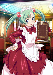 Rule 34 | 00s, 1girl, blue eyes, bow, dress, earrings, female focus, green hair, hair bobbles, hair ornament, hand on own hip, holding, ikkitousen, indoors, jewelry, long hair, long sleeves, looking at viewer, magatama, magatama earrings, maid, maid headdress, open mouth, shokatsuryou koumei, solo, twintails