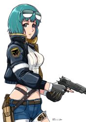 Rule 34 | 1girl, aqua eyes, aqua hair, artist name, belt, black gloves, breasts, bullet print, cosplay, eyewear on head, finalcake, fingerless gloves, from side, girls&#039; frontline, gloves, grizzly mkv (girls&#039; frontline), grizzly mkv (girls&#039; frontline) (cosplay), gun, handgun, holding, holding gun, holding weapon, jacket, l.a.r. manufacturing, lar grizzly win mag, long sleeves, medium breasts, own hands together, parted lips, pistol, sei asagiri, short hair, shorts, solo, standing, sunglasses, trigger discipline, va-11 hall-a, weapon, white background