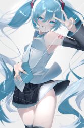 Rule 34 | 1girl, arm tattoo, black skirt, blue eyes, blue hair, blue nails, blue necktie, breasts, clenched teeth, commentary, dress, drill hair, grin, hair between eyes, hand up, hatsune miku, highres, koko niiru, long hair, looking at viewer, nail polish, necktie, number tattoo, pleated skirt, skirt, sleeveless, sleeveless dress, small breasts, smile, solo, standing, tattoo, teeth, thighhighs, thighs, twintails, two-tone skirt, v, vocaloid, white dress, white skirt