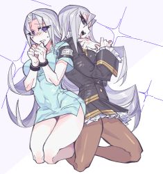 Rule 34 | 2girls, azure striker gunvolt, blue shirt, blush, breasts, business suit, dual persona, elise (gunvolt), formal, grey hair, hospital gown, large breasts, long hair, looking at viewer, multiple girls, parted bangs, purple eyes, shirt, simple background, skirt, suit, tears, white hair, wristband
