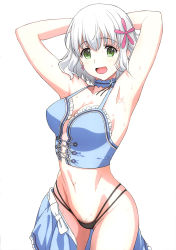 Rule 34 | 10s, 1girl, a1 (initial-g), absurdres, amagi brilliant park, armpits, arms up, bare arms, bare shoulders, blue skirt, breasts, choker, cleavage, corset, cowboy shot, earrings, eyebrows, female pubic hair, green eyes, groin, hair between eyes, happy, highres, hip focus, jewelry, large breasts, muse (amaburi), navel, open mouth, pubic hair, pubic hair peek, short hair, simple background, skirt, sleeveless, smile, solo, standing, sweat, tears, thong, undressing, white background, white hair