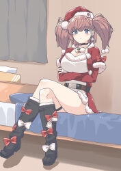 Rule 34 | 172cm, 1girl, atlanta (kancolle), bedroom, bell, belt, black belt, black choker, black footwear, blanket, boots, bow, breasts, brown hair, capelet, choker, cleavage, crossed arms, crossed legs, curtains, dress, earrings, full body, fur-trimmed capelet, fur-trimmed dress, fur trim, grey eyes, hat, highres, indoors, jewelry, kantai collection, large breasts, long hair, long sleeves, neck bell, on bed, pillow, red bow, santa dress, santa hat, short dress, sitting, solo, star (symbol), star earrings, thigh strap, thighs, tissue box, two side up, white bow