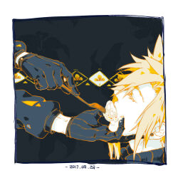 Rule 34 | 2boys, black background, black gloves, black jacket, blonde hair, border, closed eyes, cloud strife, colored eyelashes, dated, earrings, feeding, fermium.ice, final fantasy, final fantasy vii, final fantasy viii, floral background, flower, fork, gloves, hair between eyes, hand on another&#039;s chin, holding, holding fork, jacket, jewelry, lily (flower), long sleeves, male focus, multiple boys, single earring, spiked hair, squall leonhart, turtleneck, white border, yaoi
