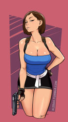Rule 34 | 1girl, bare legs, black gloves, bob cut, breasts, brown hair, bustier, casual, cleavage, clothes around waist, cropped legs, fingerless gloves, gloves, gun, half-closed eyes, hand on own hip, handgun, holster, izra, jill valentine, large breasts, leaning forward, lips, looking at viewer, miniskirt, nose, pistol, resident evil, resident evil 3, resident evil 3: nemesis, short hair, shoulder holster, skirt, solo, strapless, sweater, sweater around waist, swept bangs, trigger discipline, weapon