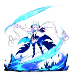 1girl absurdly_long_hair armored_boots blue_boots blue_bow blue_bowtie blue_eyes blue_fire blue_horns blue_leotard blue_skirt blue_tail blue_wings boots bow bowtie chain_belt demon_girl demon_horns demon_tail demon_wings detached_sleeves dot_nose dress elsword fire floating floating_clothes frilled_sleeves frills full_body game_cg high_heel_boots high_heels highres horns hwansang leotard long_hair long_sleeves low_wings luciela_r._sourcream magic official_art open_clothes open_mouth open_skirt outstretched_arm pointy_ears pyrokinesis second-party_source short_dress showgirl_skirt single_bare_shoulder skirt smile solo swept_bangs tachi-e tail teeth thigh_boots transparent_background twintails very_long_hair wavy_hair white_dress white_hair white_sleeves wide_sleeves wings