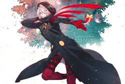 Rule 34 | 1boy, ahoge, bishounen, black coat, boots, coat, colored skin, expressionless, eyes visible through hair, eyeshadow, fate/grand order, fate (series), feet out of frame, gloves, green eyes, hair over one eye, hood, hood up, karna (fate), karna (santa) (fate), krab (fumekrab), looking at viewer, makeup, male focus, open hand, pink hair, red footwear, red gloves, short hair, solo, thigh boots, thighhighs, tsurime, white skin