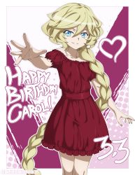 Rule 34 | 1girl, absurdres, bare shoulders, blonde hair, blue eyes, blush, braid, carol malus dienheim, chuunioniika, dated, dress, happy birthday, highres, long hair, looking at viewer, mole, mole under eye, outstretched arm, parted lips, red dress, senki zesshou symphogear, shiny skin, smile, solo, standing
