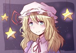 Rule 34 | 1girl, bacun, black background, blonde hair, blue eyes, blush, character cutout, closed mouth, collared shirt, colored skin, commentary, dress, hat, hat ribbon, highres, looking at viewer, maribel hearn, medium hair, mob cap, neck ribbon, one-hour drawing challenge, portrait, puffy sleeves, purple dress, ribbon, shirt, signature, smile, solo, sparkle background, star (symbol), string, touhou, white skin