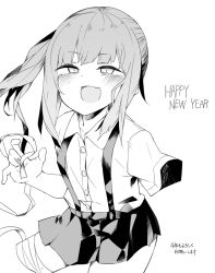 Rule 34 | 1girl, amputee, bandaged leg, bandages, blush, buttons, collared shirt, fang, greyscale, happy new year, kantai collection, kasumi (kancolle), long hair, monochrome, new year, open mouth, ponytail, shirt, short sleeves, side ponytail, simple background, skin fang, skirt, solo, suspender skirt, suspenders, zeroyon (yukkuri remirya)