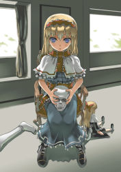 Rule 34 | 1girl, alice margatroid, bad id, bad pixiv id, blonde hair, blue eyes, chair, creepy, doll, doll joints, expressionless, female focus, full body, hairband, horror (theme), joints, long hair, ooide, shanghai doll, short hair, sitting, skull, solo, touhou