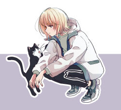 Rule 34 | 1girl, absurdres, black pants, blonde hair, blush, cat, closed mouth, commentary request, green shirt, highres, honda sora, hood, hood down, hooded jacket, jacket, kashikaze, lonely girl ni sakaraenai, long sleeves, open clothes, open jacket, outline, pants, purple background, shirt, short hair, simple background, solo, squatting, track pants, two-tone background, white background, white jacket, white outline, yellow eyes