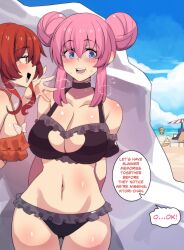 Rule 34 | 4girls, absurdres, ahoge, alternate hairstyle, arms behind back, beach, beach chair, beach umbrella, bikini, black bikini, black choker, blonde hair, blue eyes, blue hair, blue sky, blush, bocchi the rock!, boulder, breasts, choker, cleavage cutout, clothing cutout, cloud, collarbone, commentary, cowboy shot, day, double bun, frilled bikini, frilled sleeves, frills, gotoh hitori, hair between eyes, hair bun, heavy breathing, hiding, highres, hinghoi, ijichi nijika, kita ikuyo, large breasts, long hair, looking at another, looking at viewer, multiple girls, navel, off-shoulder bikini, off shoulder, orange bikini, pink hair, puffy short sleeves, puffy sleeves, red hair, rock, short sleeves, sidelocks, sky, speech bubble, standing, stomach, sweat, swimsuit, thighs, umbrella, water, yamada ryo, yellow eyes
