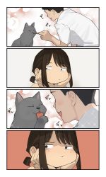 Rule 34 | 1boy, 1girl, animal ears, brown eyes, brown hair, cat, closed mouth, commentary, douki-chan (douki-chan), douki-kun (douki-chan), faceless, faceless male, ganbare douki-chan, hands on own cheeks, hands on own face, highres, looking at another, pout, short hair, yomu (sgt epper)