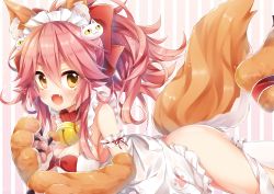 Rule 34 | 1girl, absurdres, animal ear fluff, animal ears, animal hands, apron, bell, blush, breasts, cat hair ornament, cat paws, cleavage, collar, fangs, fate/grand order, fate (series), fox ears, fox tail, gloves, hair ornament, hair ribbon, highres, jingle bell, kinosaki yuuta, large breasts, long hair, looking at viewer, maid headdress, naked apron, neck bell, open mouth, paw gloves, paw shoes, pink hair, ponytail, red ribbon, ribbon, shoes, sideboob, solo, tail, tamamo (fate), tamamo cat (fate), tamamo cat (third ascension) (fate)