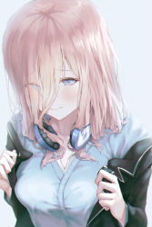 Rule 34 | 1girl, black jacket, blazer, blue cardigan, blue eyes, blush, breasts, cardigan, closed mouth, from above, go-toubun no hanayome, grey background, hair over one eye, headphones, headphones around neck, highres, holding, jacket, large breasts, long hair, long sleeves, looking at viewer, moda (mo da 3), nakano miku, off shoulder, open clothes, open jacket, shirt, simple background, solo, undressing, upper body, white shirt