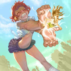 Rule 34 | 2girls, breasts, cleavage, clenched teeth, face, fairy, fingernails, foreshortening, hadouken, highres, legs, loped, medium breasts, miniskirt, multiple girls, navel, no bra, open clothes, open shirt, original, panties, red hair, shirt, short hair, silhouette, skirt, tears, teeth, underboob, underwear, what, white panties, wince