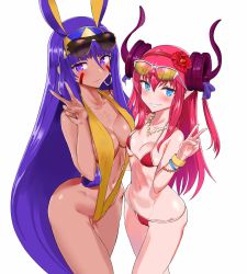 Rule 34 | 2girls, absurdres, alternate costume, animal ears, asymmetrical docking, bare arms, bare legs, bare shoulders, bikini, blue eyes, blunt bangs, blush, bracelet, breast press, breasts, cameltoe, cleavage, clenched teeth, closed mouth, collarbone, dark-skinned female, dark skin, dragon girl, elizabeth bathory (fate), elizabeth bathory (fate/extra ccc), embarrassed, eyewear on head, facial mark, fate/grand order, fate (series), fingernails, flower, grin, hair between eyes, hair flower, hair ornament, hairband, hand up, highres, horns, jewelry, legs, long fingernails, long hair, medium breasts, midriff, multiple girls, nail polish, navel, neck, necklace, nitocris (fate), pink hair, pointy ears, purple eyes, purple hair, purple horns, red bikini, red flower, shy, sidelocks, simple background, slingshot swimsuit, small breasts, smile, ssamjang (misosan), standing, strap gap, string bikini, sunglasses, sunglasses on head, swimsuit, teeth, two side up, type-moon, v, very long hair, wavy mouth, white background, wristband, yellow bikini