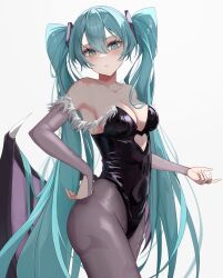 Rule 34 | 1girl, bare shoulders, black leotard, black pantyhose, blue eyes, blue hair, blush, breasts, bridal gauntlets, cleavage, clothing cutout, collarbone, commission, cosplay, cowboy shot, elbow gloves, gloves, grey gloves, hair between eyes, hair ornament, hand on own hip, hatsune miku, head tilt, highleg, highleg leotard, highres, kawasuru (15miclon), leotard, long hair, looking at viewer, medium breasts, morrigan aensland, morrigan aensland (cosplay), open hand, pantyhose, parted lips, pixiv commission, raised eyebrows, sidelocks, simple background, solo, stomach cutout, strapless, strapless leotard, teeth, twintails, upper body, vampire (game), very long hair, vocaloid, white background