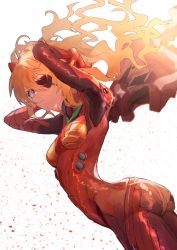 Rule 34 | 1girl, aburiengawa3150, ass, blue eyes, bodysuit, breasts, evangelion: 3.0 you can (not) redo, eyepatch, hairpods, highres, interface headset, multicolored bodysuit, multicolored clothes, neon genesis evangelion, orange bodysuit, orange hair, pilot suit, plugsuit, rebuild of evangelion, red bodysuit, small breasts, solo, souryuu asuka langley
