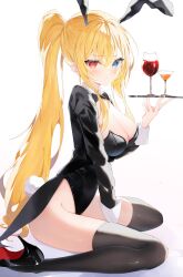 Rule 34 | 1girl, absurdres, alcohol, animal ears, black bow, black bowtie, black footwear, black leotard, black thighhighs, blonde hair, blue eyes, blush, bow, bowtie, breasts, cleavage, commission, cup, detached collar, drinking glass, fake animal ears, heterochromia, high heels, highres, large breasts, leotard, long hair, okomeillust, original, playboy bunny, ponytail, rabbit ears, rabbit tail, red eyes, sitting, skeb commission, sleeve cuffs, solo, strapless, strapless leotard, tail, thighhighs, very long hair, wariza, wine, wine glass