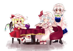 Rule 34 | 3girls, ?, apron, bat wings, blonde hair, blue hair, book, closed eyes, crystal wings, cup, flandre scarlet, full body, holding, holding cup, izayoi sakuya, maid, maid apron, maid headdress, multiple girls, nanakusagayu (7 kusagayu), open mouth, remilia scarlet, simple background, sitting, smile, touhou, white background, white mob cap, wings