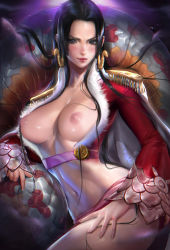 Rule 34 | 1girl, amazon warrior, artist name, black eyes, black hair, blush, boa hancock, breasts, breasts out, cleavage, dark background, earrings, female focus, highres, jewelry, large breasts, long hair, looking at viewer, matching hair/eyes, midriff, navel, nipples, one piece, sakimichan, salome (one piece), shiny skin, snake, snake earrings, solo