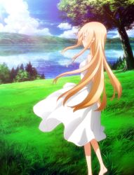 Rule 34 | 10s, 1girl, absurdres, arms behind back, bare shoulders, barefoot, blonde hair, blush, brown eyes, cloud, day, doma umaru, dress, forest, from behind, grass, highres, hill, himouto! umaru-chan, lake, lens flare, long dress, long hair, nature, pine tree, reflection, scenery, screencap, sky, smile, solo, standing, stitched, third-party edit, tree, white dress, wind