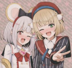 Rule 34 | 2girls, animal ears, bad id, bad twitter id, beret, black bow, blush, bow, braid, breasts, brooch, crossover, fake animal ears, flat chest, granblue fantasy, green eyes, hair ornament, hairclip, happy, hat, heart, heart brooch, highres, inactive account, indie virtual youtuber, jewelry, light brown hair, long sleeves, looking at viewer, mame rakko, midriff, mouse ears, multiple girls, nose blush, one eye closed, open mouth, pom pom (clothes), pom pom hair ornament, red bow, red eyes, red sailor collar, sailor collar, school uniform, shigure ui (vtuber), shigure ui (vtuber) (1st costume), shirt, short hair, silver hair, simple background, small breasts, smile, striped, v, vikala (granblue fantasy), virtual youtuber, white sailor collar, white shirt, wide sleeves