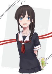 Rule 34 | 1girl, :d, ahoge, arms behind back, artist name, black hair, blue eyes, blush, bouquet, braid, dated, flower, hair over shoulder, hair ribbon, holding, holding bouquet, kantai collection, kawashina (momen silicon), long hair, looking at viewer, neckerchief, no legs, open mouth, pleated skirt, red neckerchief, red ribbon, ribbon, round teeth, school uniform, serafuku, shigure (kancolle), short sleeves, single braid, skirt, smile, solo, teeth, two-tone background, upper body