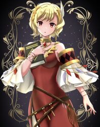 Rule 34 | 1girl, :o, bare shoulders, belt, blonde hair, book, breasts, brooch, brown belt, brown dress, choker, citrinne (fire emblem), commentary request, detached sleeves, dress, feather hair ornament, feathers, fire emblem, fire emblem engage, gold choker, hair ornament, highres, holding, holding book, jewelry, kakiko210, looking at viewer, medium breasts, multiple belts, nintendo, red eyes, short hair, solo